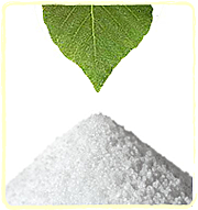 Sweetener crystals beside a green leaf